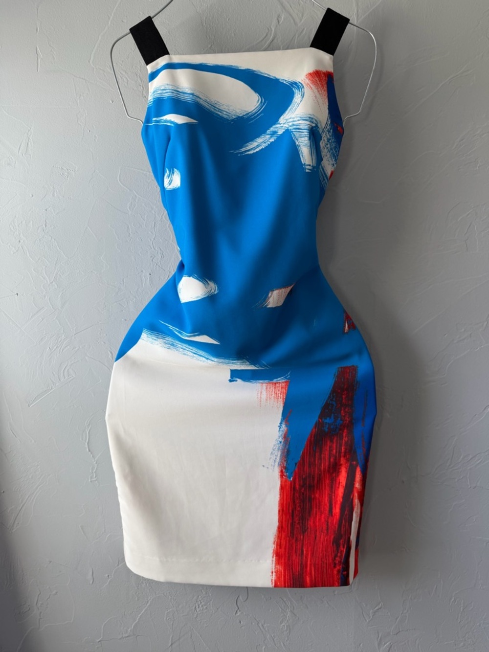 Milly Abstract Brushstroke Mini Dress in Blue, White & Red
